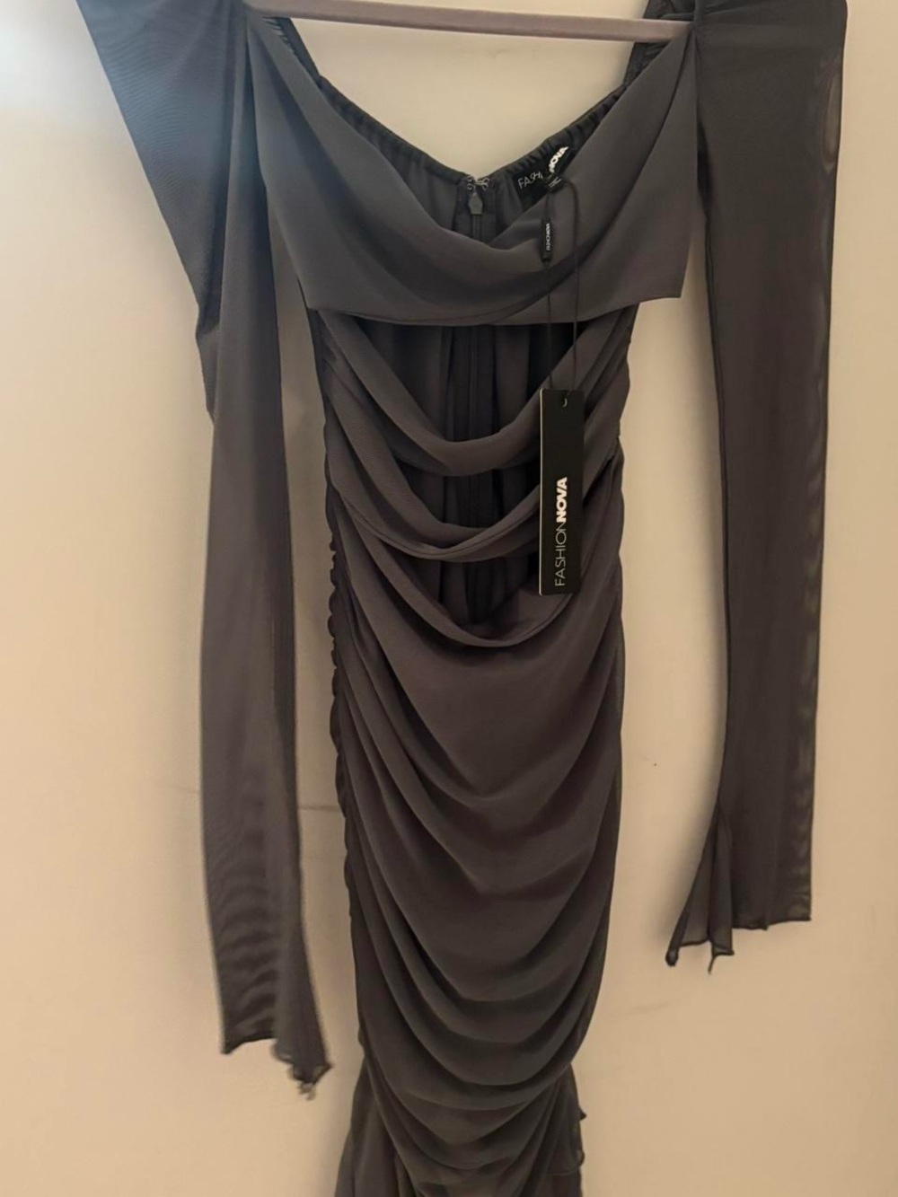 Fashion Nova Charcoal Gray Long Sleeve Ruched Draped Dress